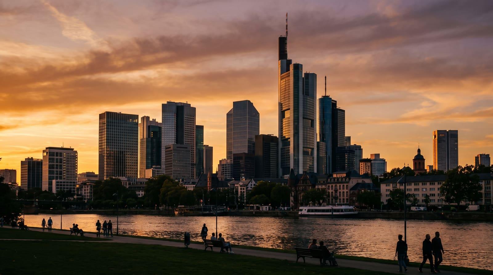 Die Frankfurter Bankenskyline in der goldenen Stunde als Sinnbild für die Stadt, in der Banken über Kreditwürdigkeit entscheiden