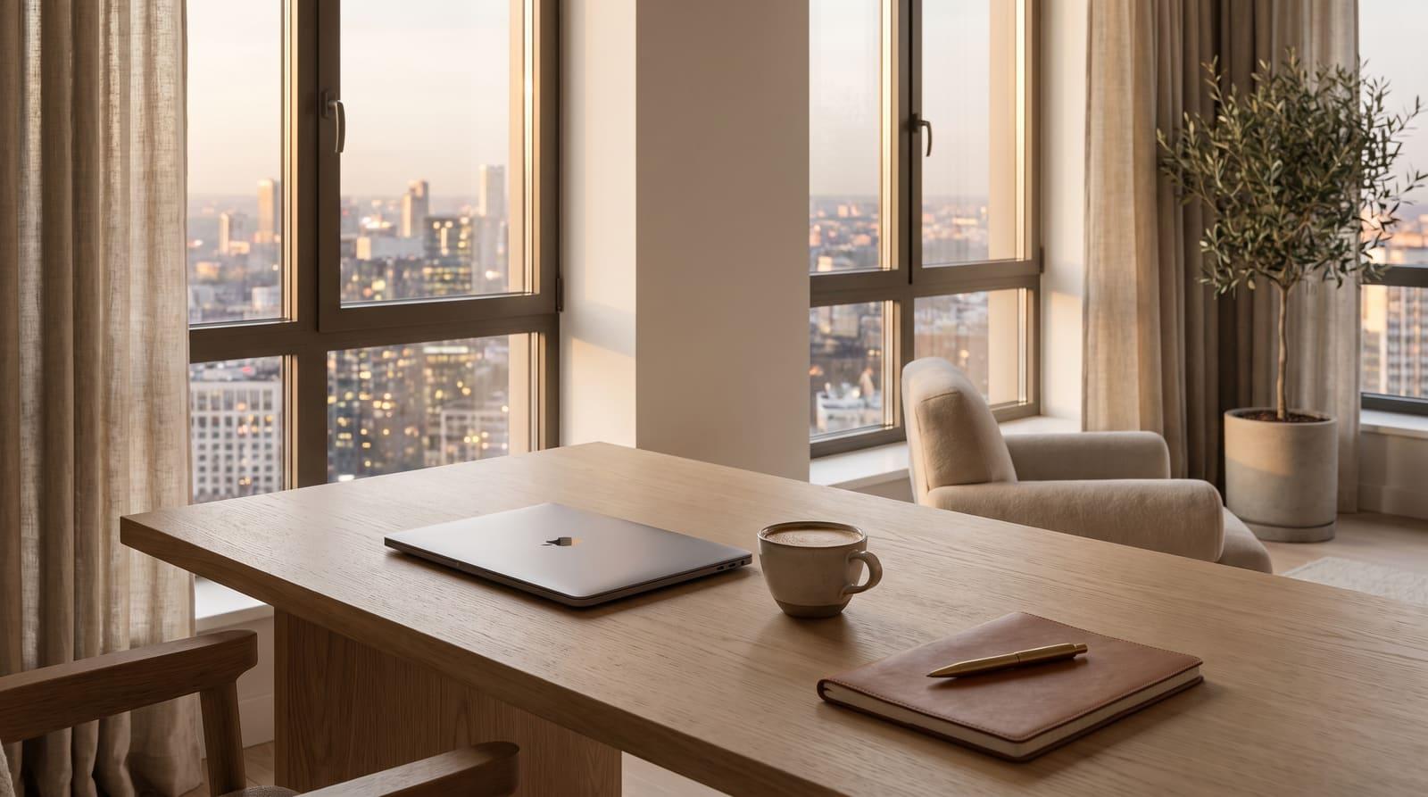 Ruhiger, hochwertiger Arbeitsplatz mit Laptop in einer eleganten Wohnung mit Stadtblick in der goldenen Stunde als Sinnbild für die eigene Haushaltsrechnung vor dem Bankgespräch