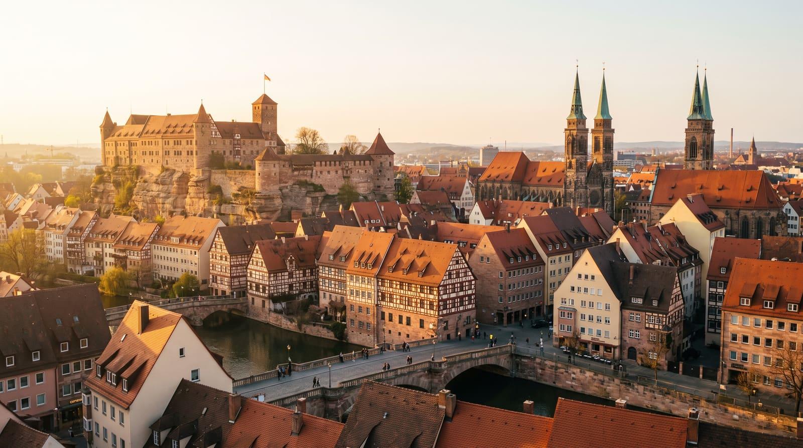 Weiter Blick über die roten Ziegeldächer der Nürnberger Altstadt mit der Kaiserburg in der goldenen Stunde als Sinnbild für erreichbares Wohneigentum mit normalem Einkommen