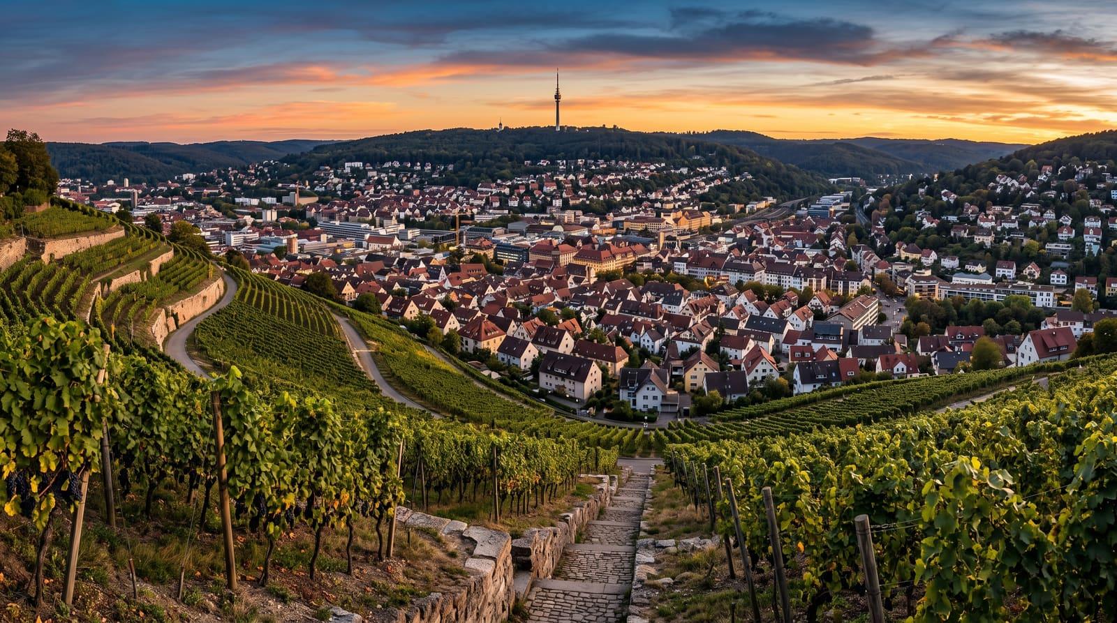 Blick von den Weinbergen über den Stuttgarter Kessel mit Fernsehturm in der goldenen Stunde als Sinnbild für Selbstständige im Mittelstand auf dem Weg zur eigenen Kapitalanlage